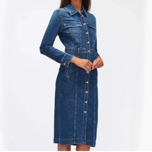 7 For All Mankind Blue Sheath Dress with Notched Collar